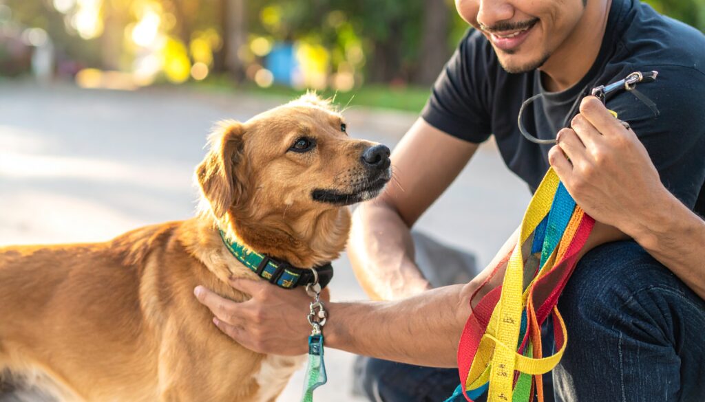 firefly 用途：展示产品如何被使用（例如牵引绳 毛刷）。 裁切建议：1200×800（详情页插图）。 中文 prompt： 生活化展示：年轻宠物主人用手拿着彩色牵引绳，狗狗友好 20581