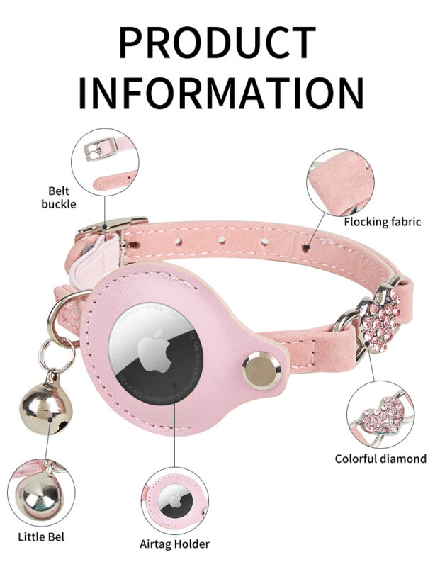 wholesale custom reflective leather kitten collar with airtag holder & bell for girls