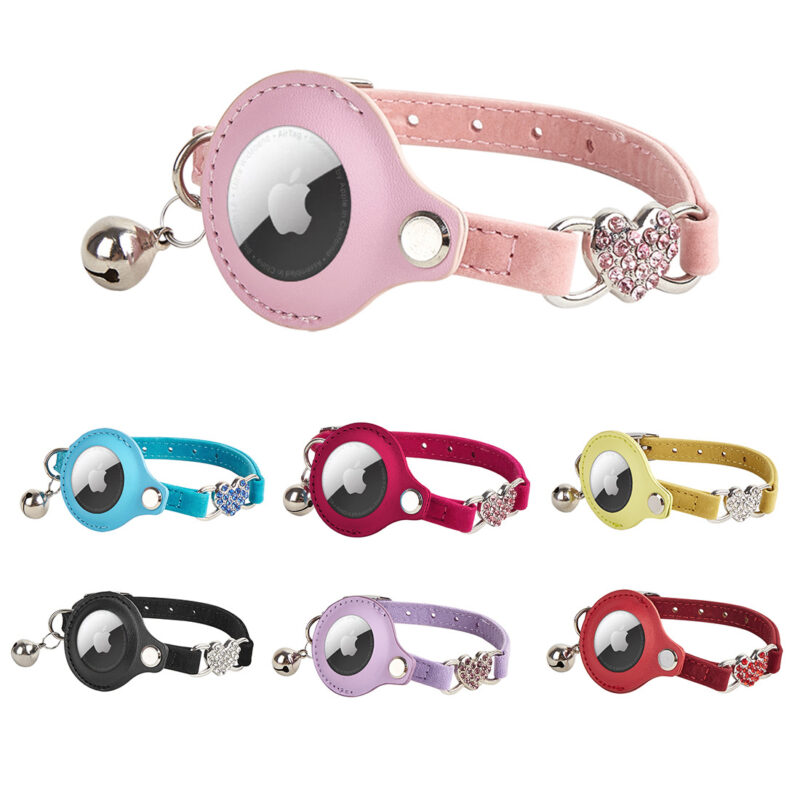 wholesale custom reflective leather kitten collar with airtag holder & bell for girls