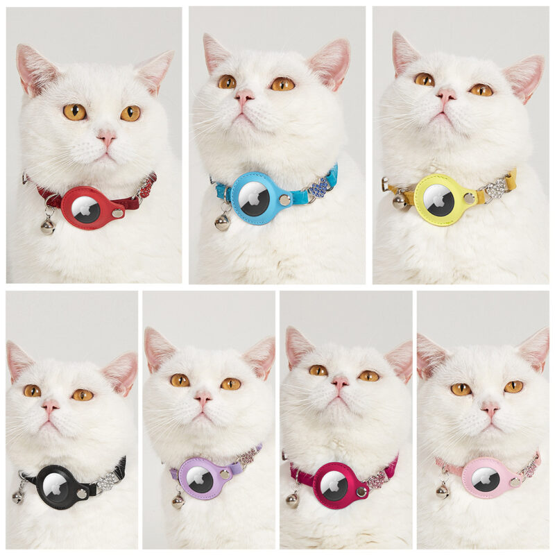 wholesale custom reflective leather kitten collar with airtag holder & bell for girls