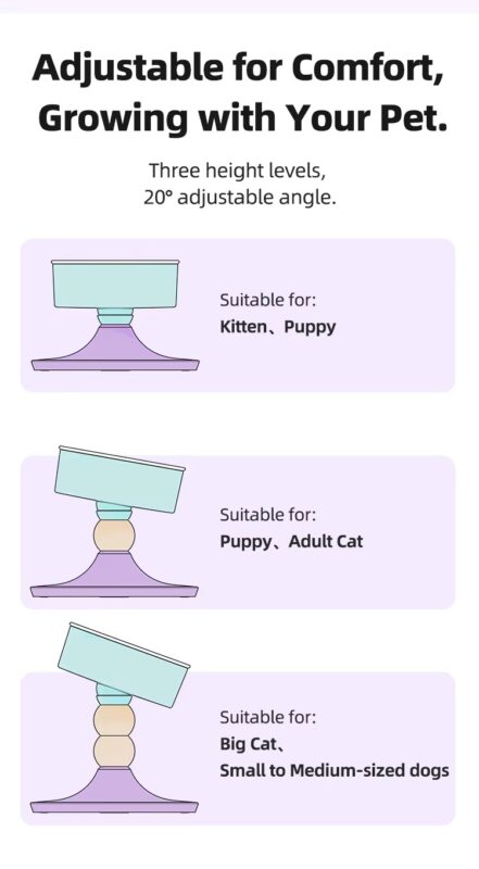 adjustable ceramic pet bowl easy to clean, ergonomic spine protection for cats & small dogs