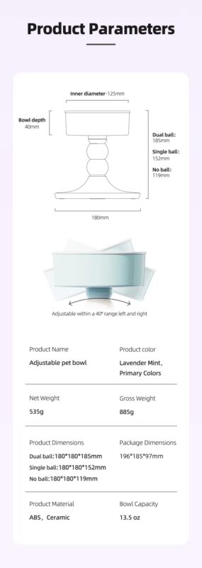 adjustable ceramic pet bowl easy to clean, ergonomic spine protection for cats & small dogs