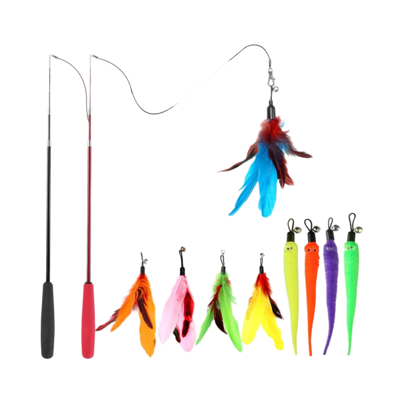 purple blue retractable cat feather wand interactive chicken feather teaser toy with plastic wood stick