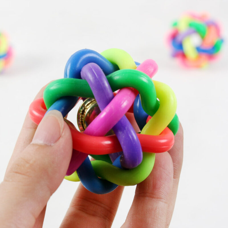 eco friendly tpr rubber pet toy with bell inside colorful woven chew toy for cats & dogs
