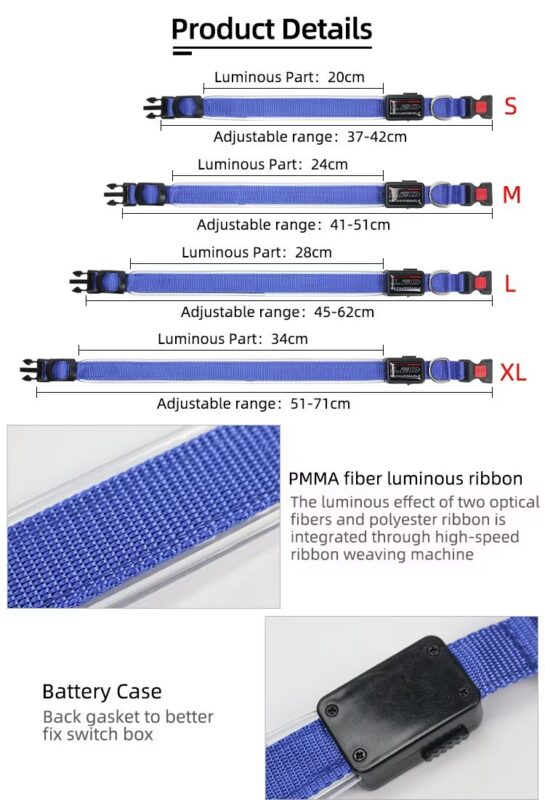 adjustable led fiber optic dog collar glowing striped pattern with ribbons