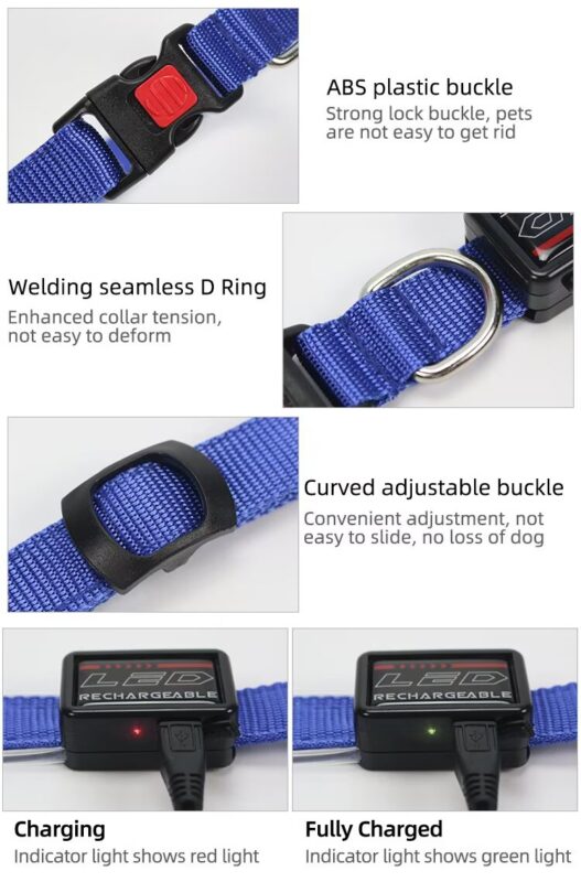 adjustable led fiber optic dog collar glowing striped pattern with ribbons