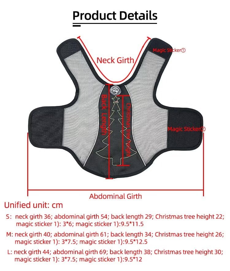 led christmas dog harness usb rechargeable with glow lights & embroidery