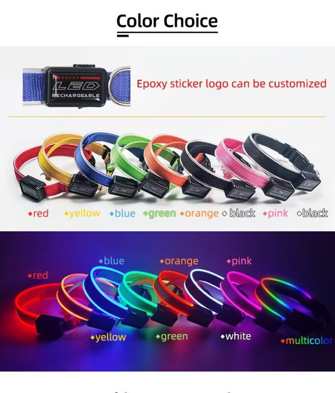 adjustable led fiber optic dog collar glowing striped pattern with ribbons