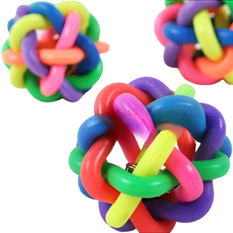 eco friendly tpr rubber pet toy with bell inside colorful woven chew toy for cats & dogs