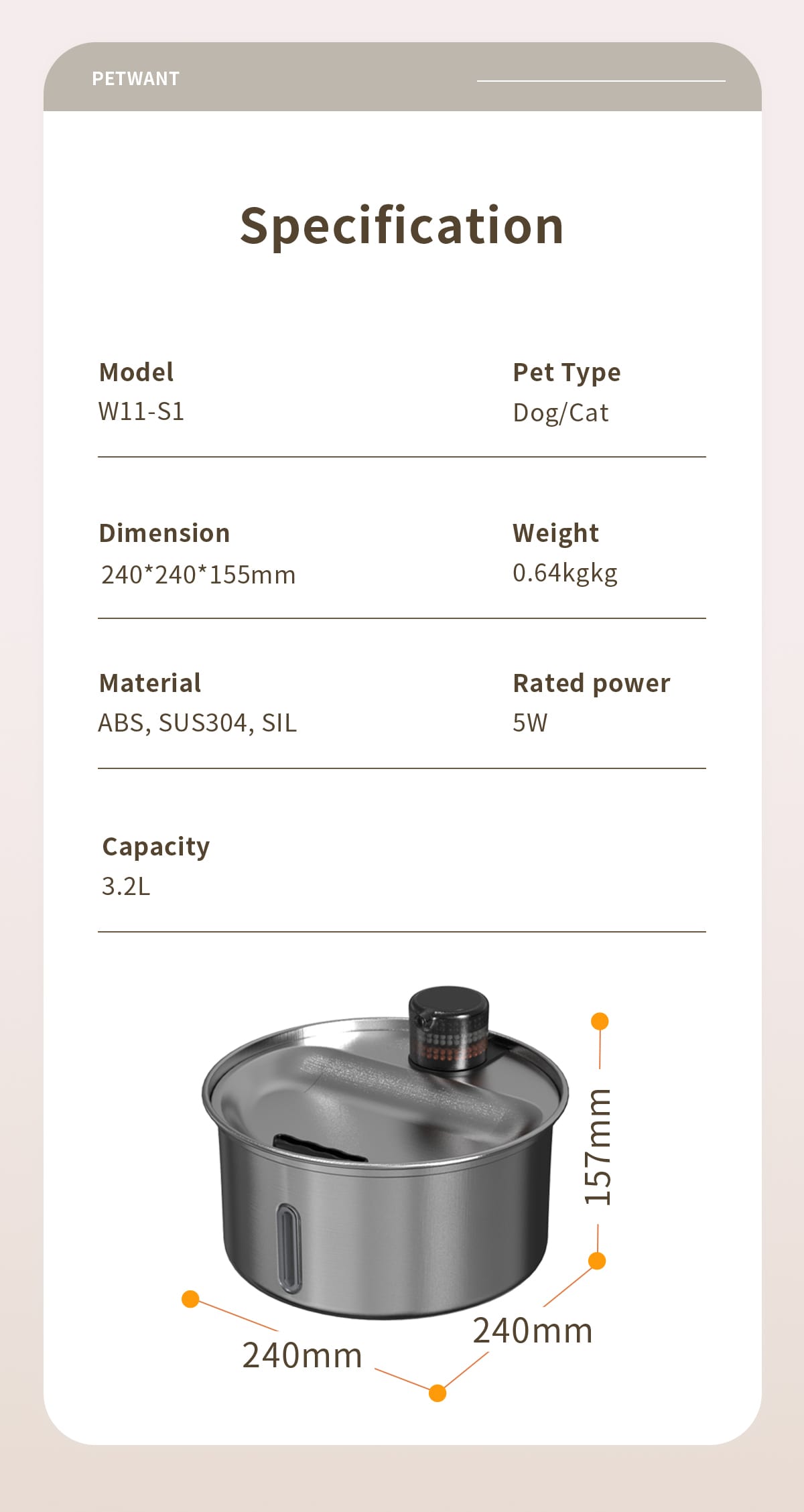 3.2l stainless steel pet water fountain advanced multi layer filter, eco friendly & durable